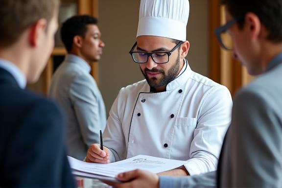 Lo chef discute un menu con un cliente.